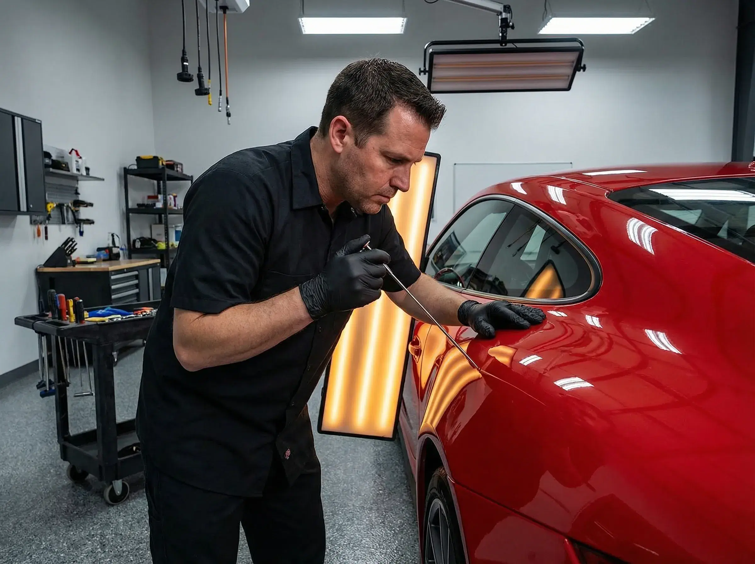 Technician repairing crease on red sports car