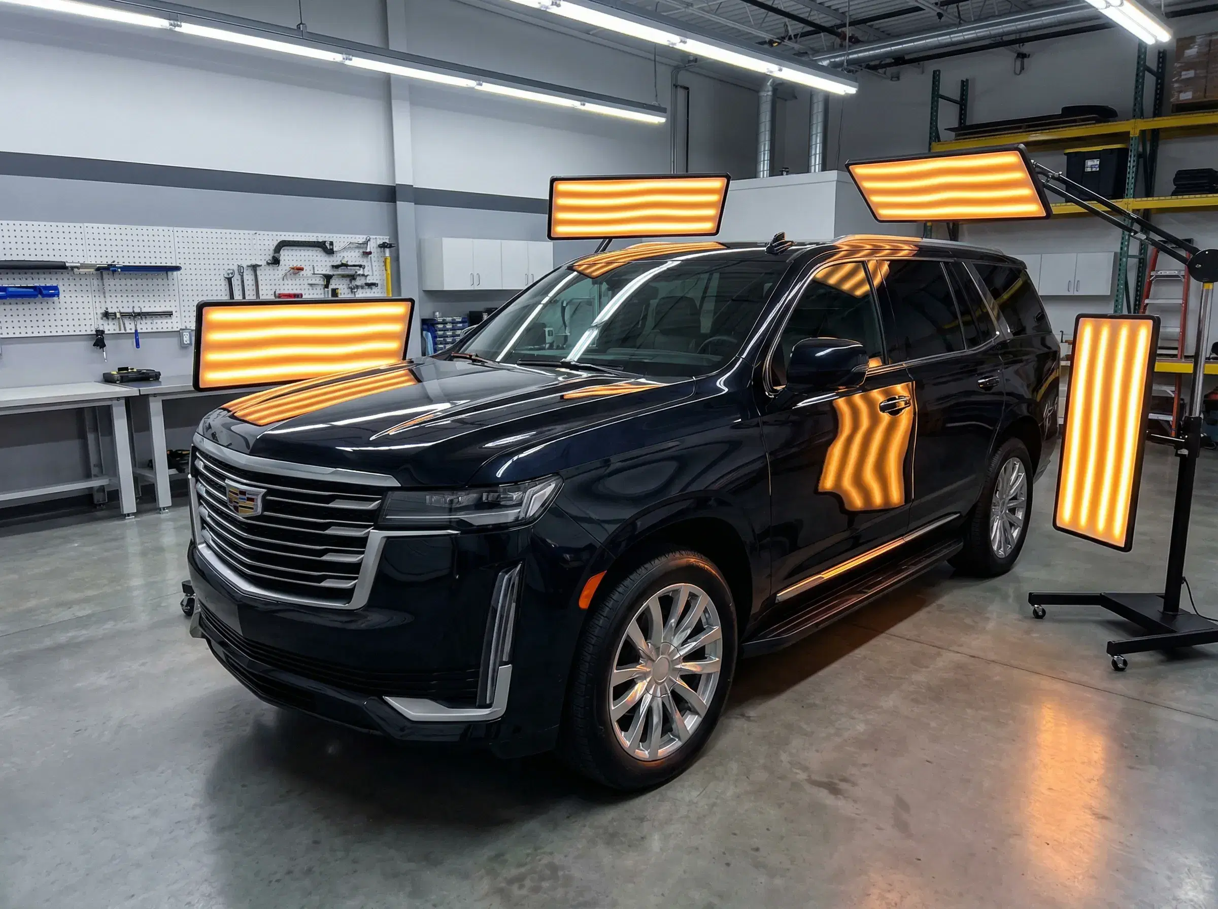 SUV surrounded by LED boards for complete hail repair