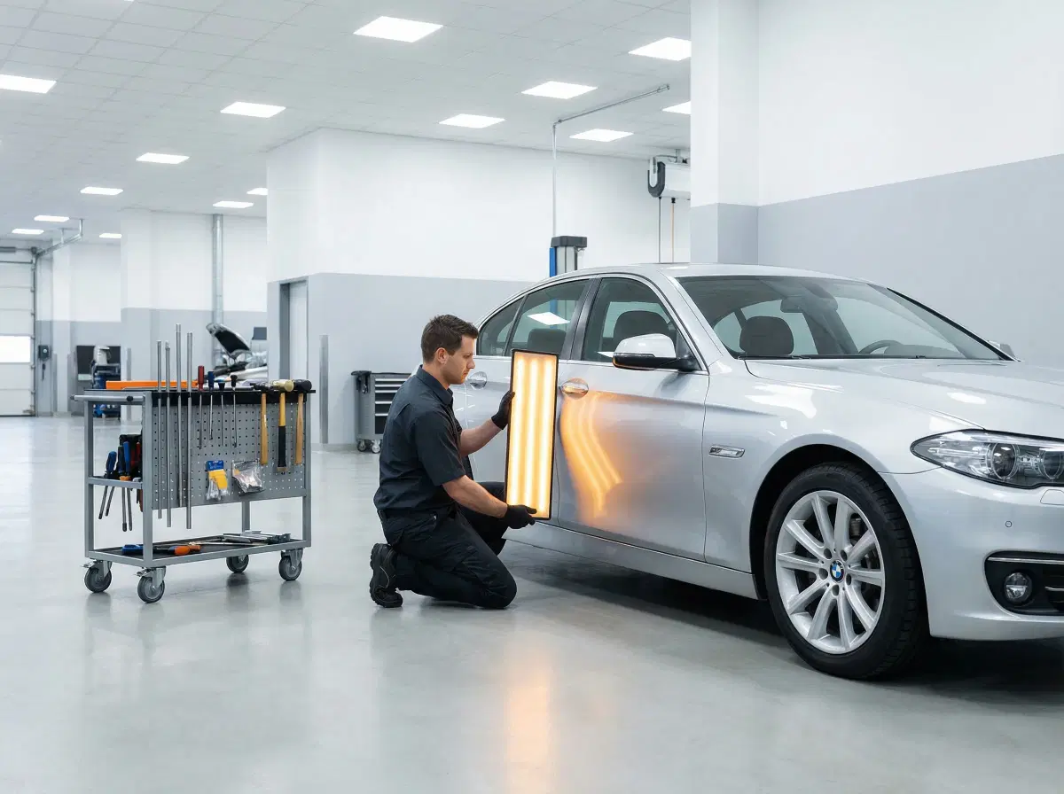 PDR technician assessing vehicle panel with LED reflection board