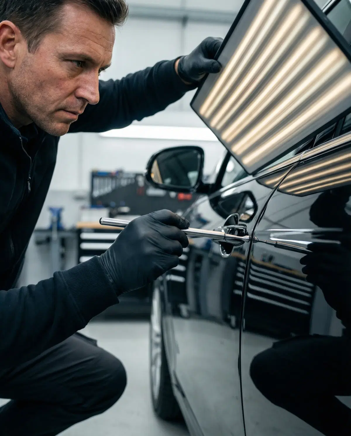 PDR technician performing detailed repair work using reflection board