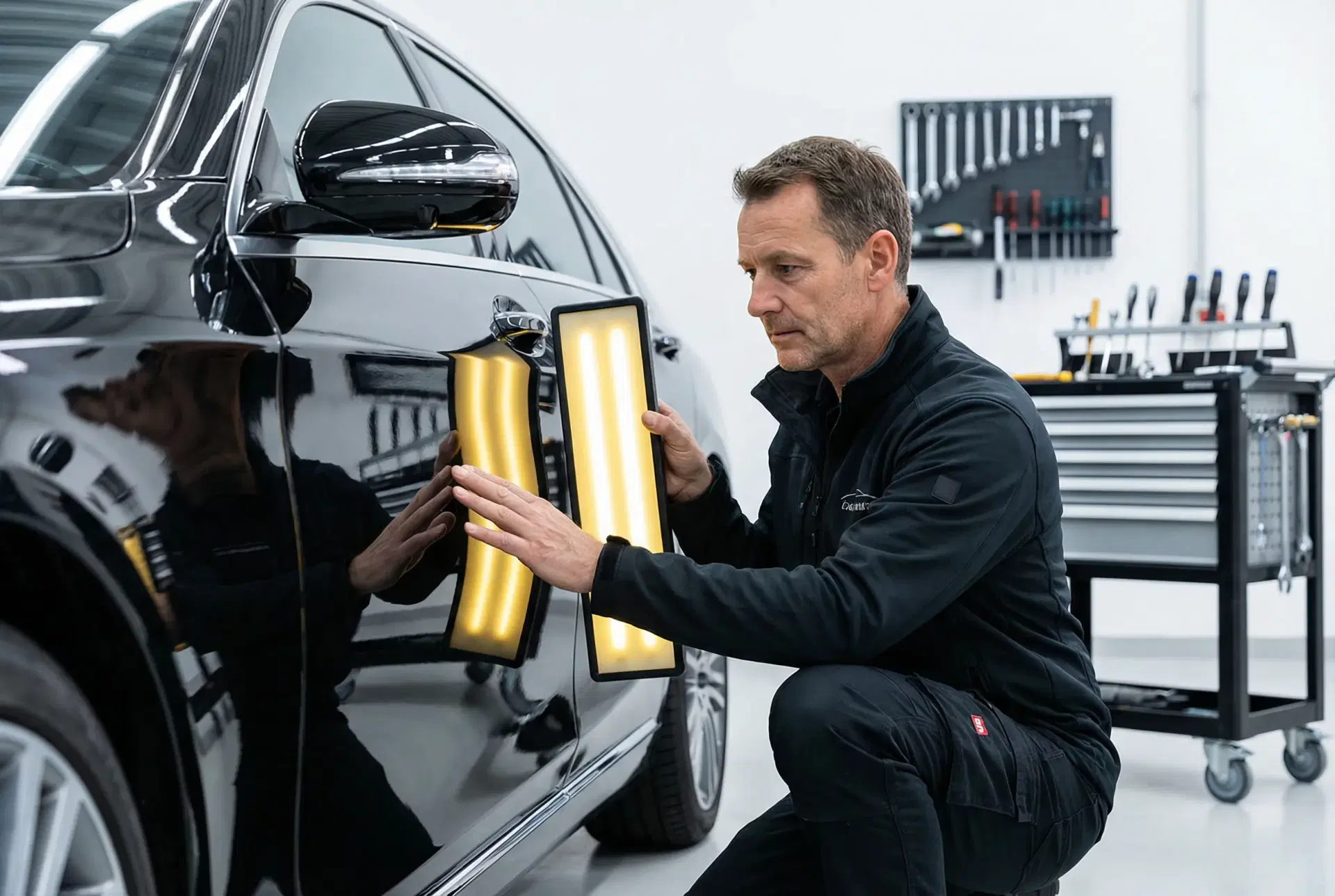 PDR technician using light board for expert dent assessment
