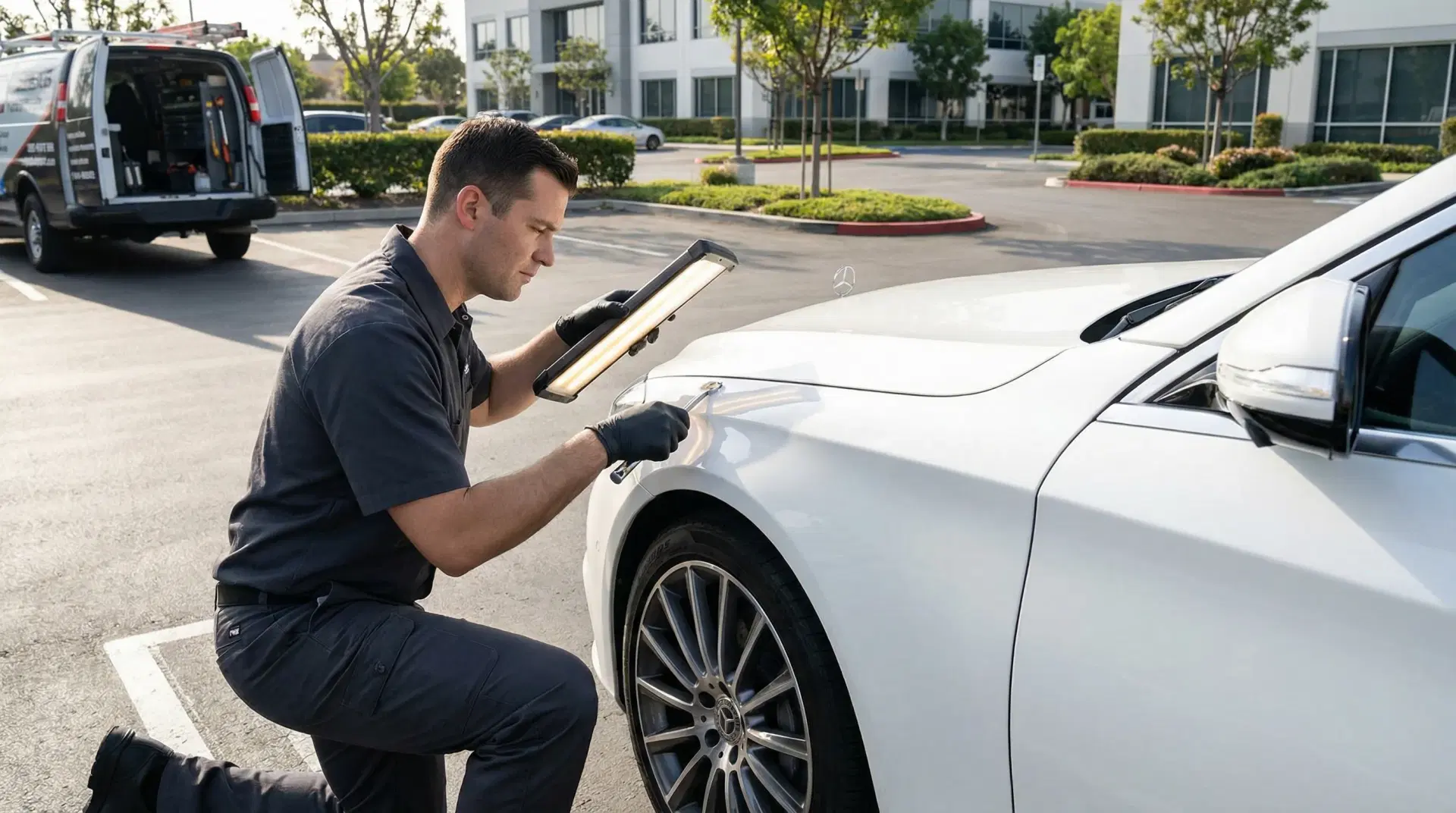 PDR technician performing mobile dent repair service on-site