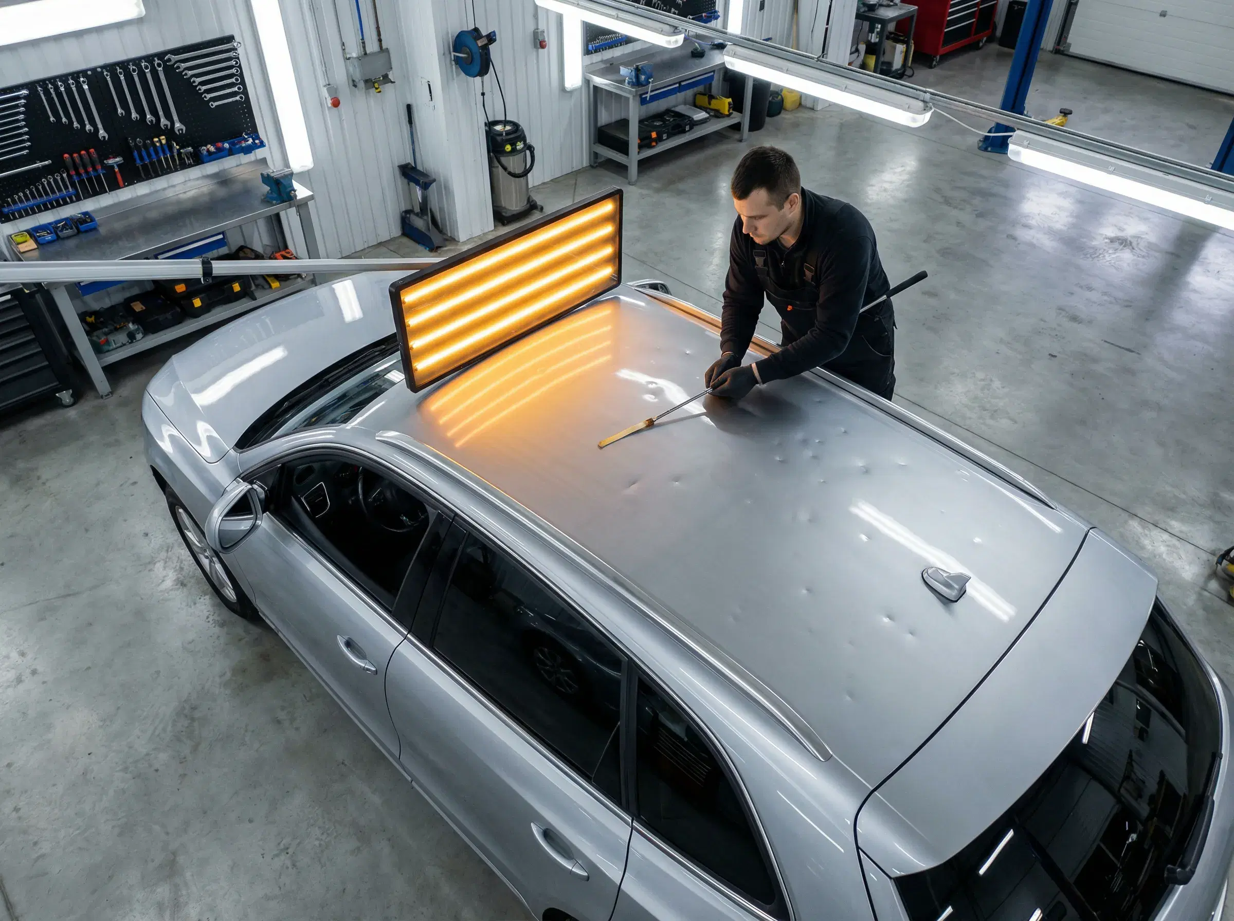 Aerial view of technician repairing hail damage on vehicle roof