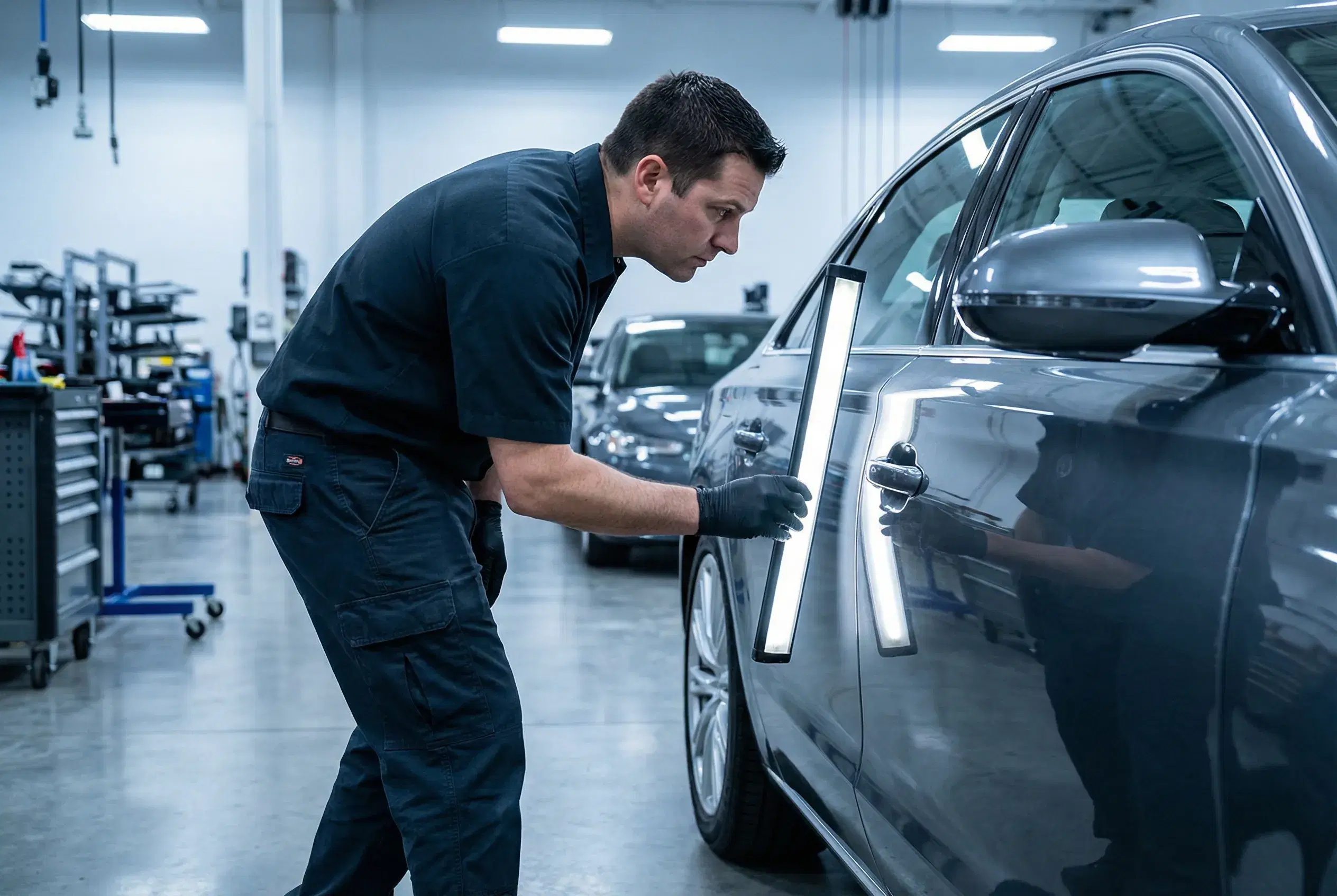 Technician inspecting dark sedan with LED wand