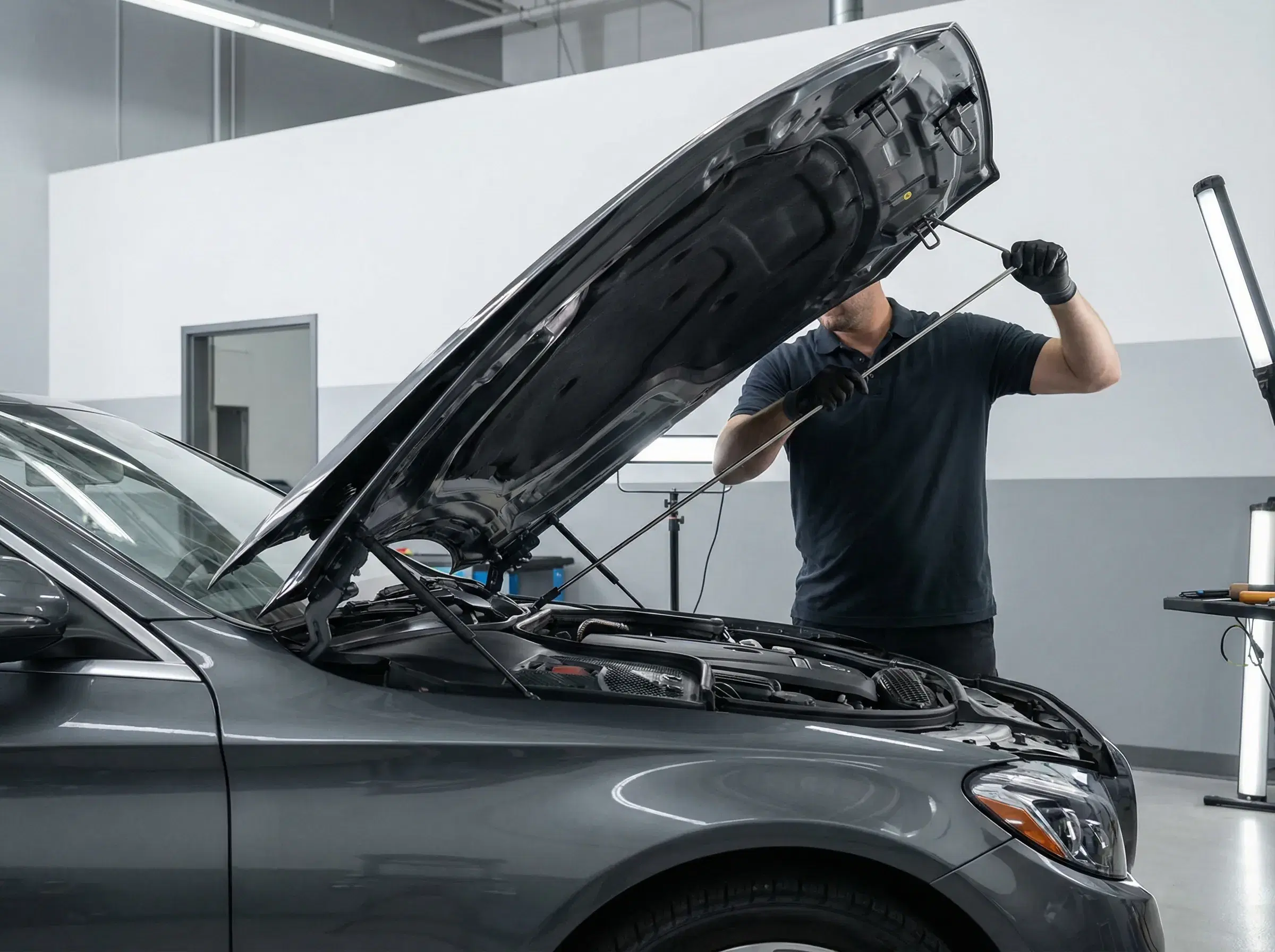 Technician working under vehicle hood with PDR rod